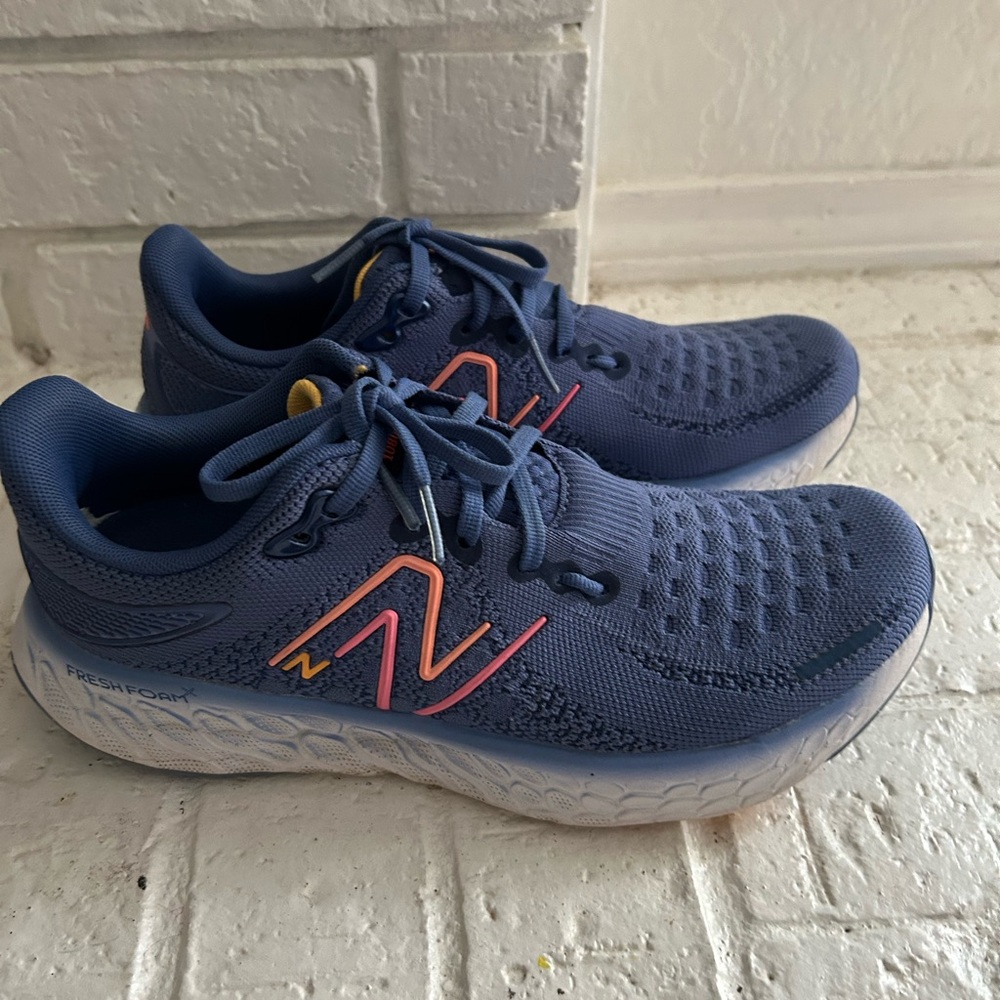 New Balance Blue Knit Sneakers with Pink & Yellow Logo Accents